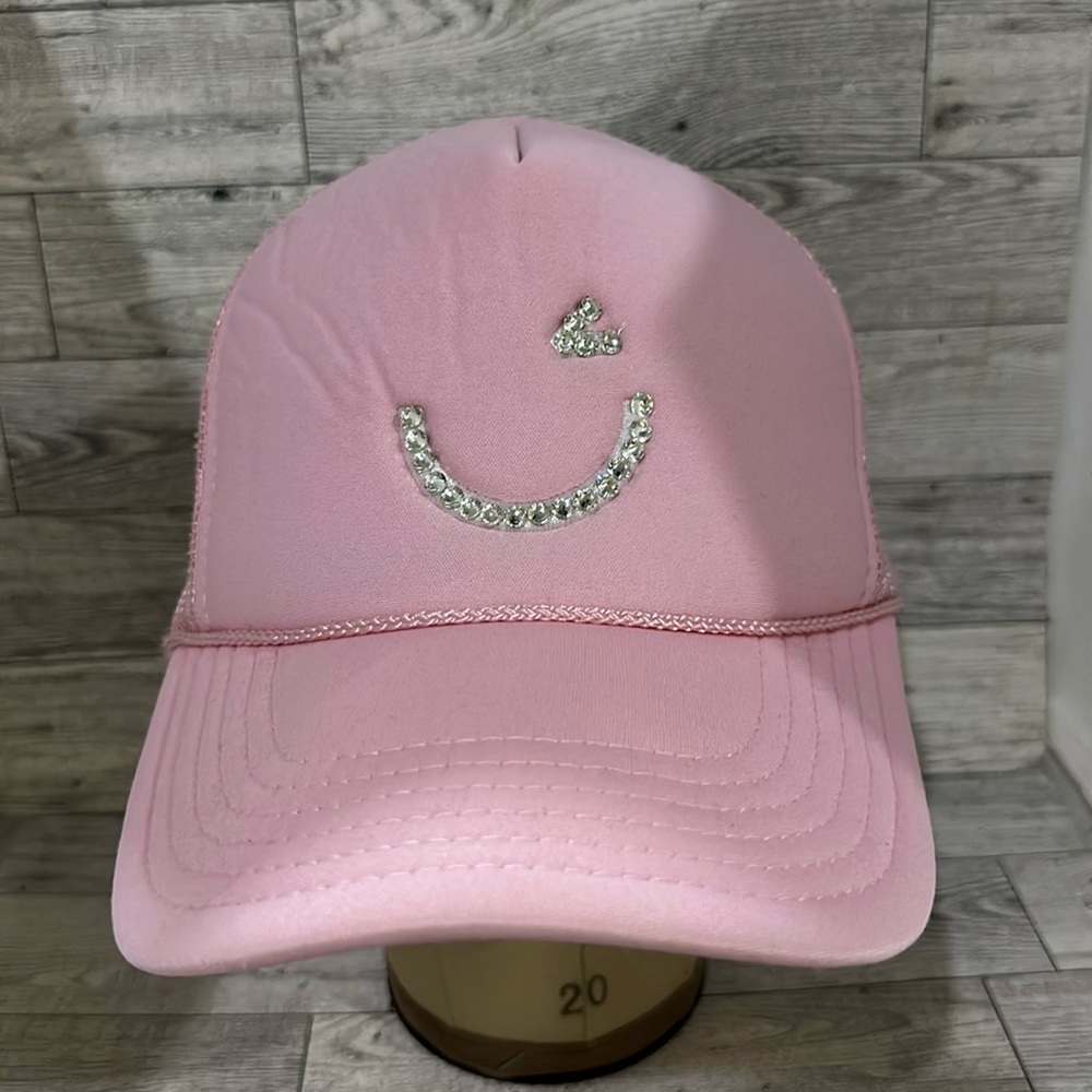 Wink emoji pink rhinestone trucker baseball cap hat